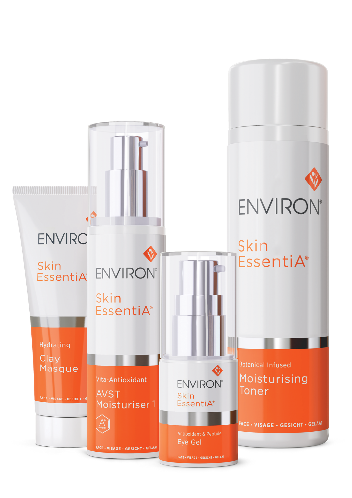 Environ Skin EssentiA range including Hydrating Clay Masque, AVST Moisturiser 1, Antioxidant & Peptide Eye Gel and Botanical Infused Moisturising Toner